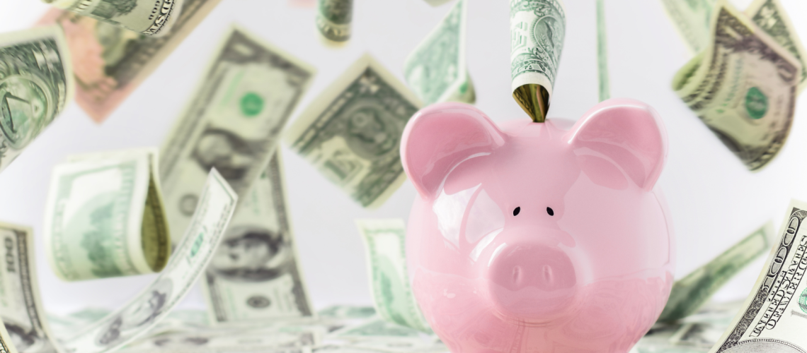 piggy bank with dollars discounts, smart spending, save money